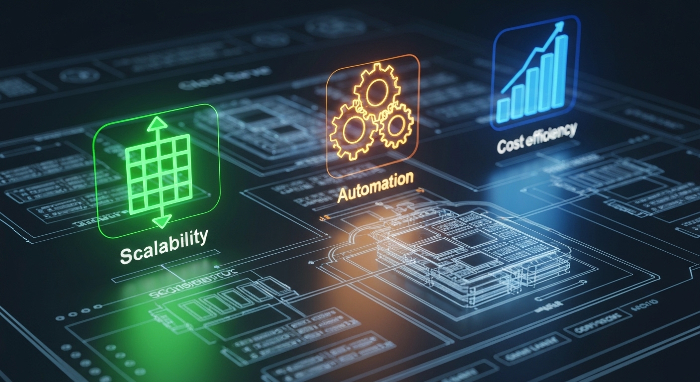 확장성, 자동화, 비용 효율화라는 AI 백업 솔루션의 3가지 핵심 기준을 나타내는 아이콘