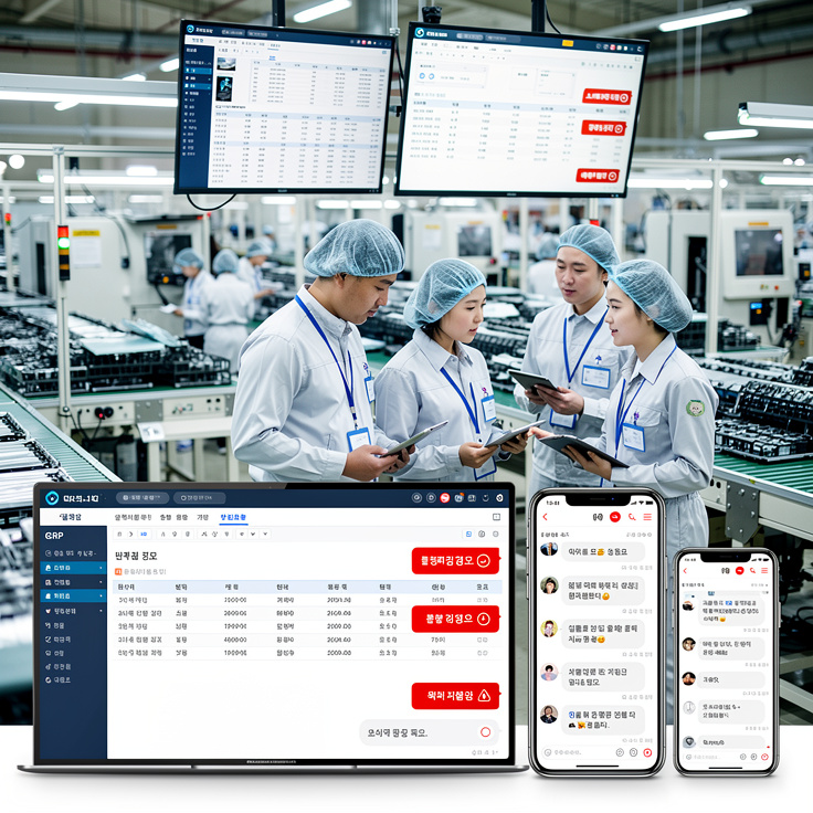 ERP 시스템이 불량품을 감지해 그룹웨어 메신저로 즉시 알람을 받는 한국 제조 현장 품질 관리 팀