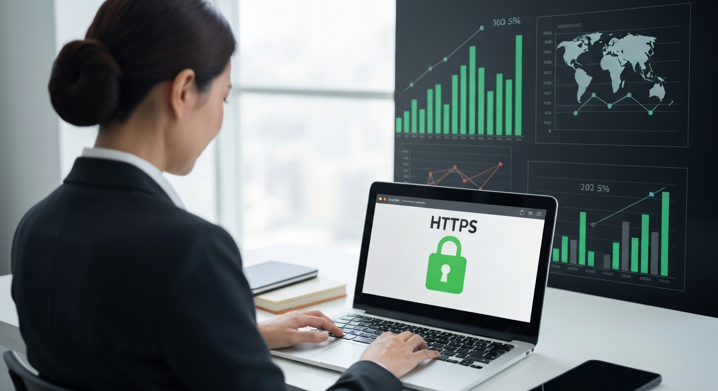 SSL 적용으로 사용자 신뢰와 비즈니스 성장 중인 한국 비즈니스맨