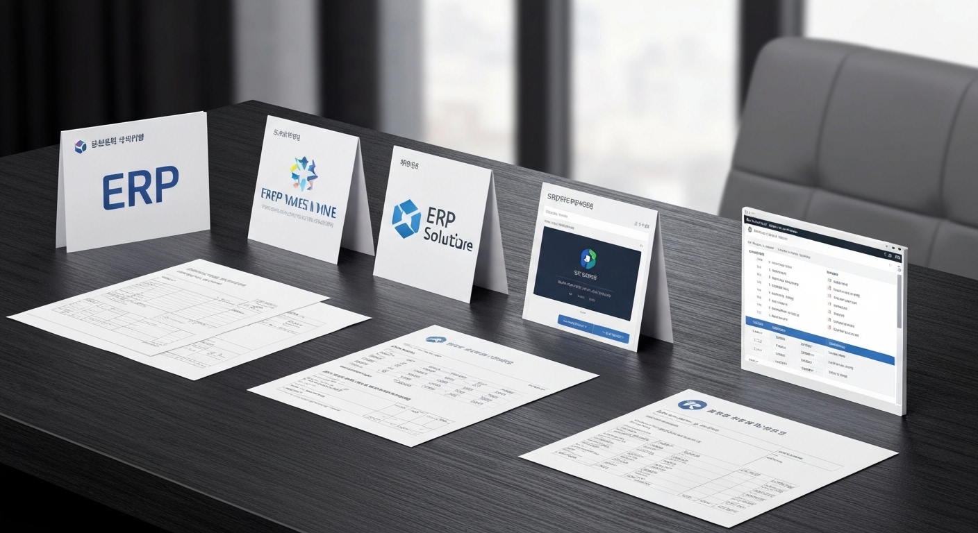 주요 ERP 솔루션 5종 로고와 인터페이스 스크린샷 비교 이미지