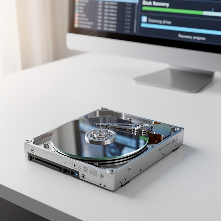 하드디스크 내부의 원판과 자성 헤드가 보이는 모습과 데이터 복구 소프트웨어 실행 화면