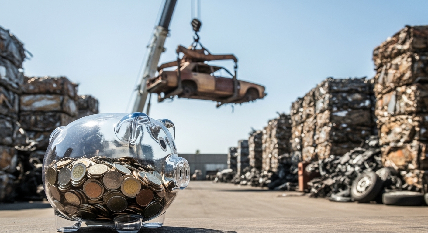 폐차장에서 크레인에 의해 들어 올려지는 오래된 자동차와 폐차 보상금을 상징하는 돈이 가득한 돼지 저금통