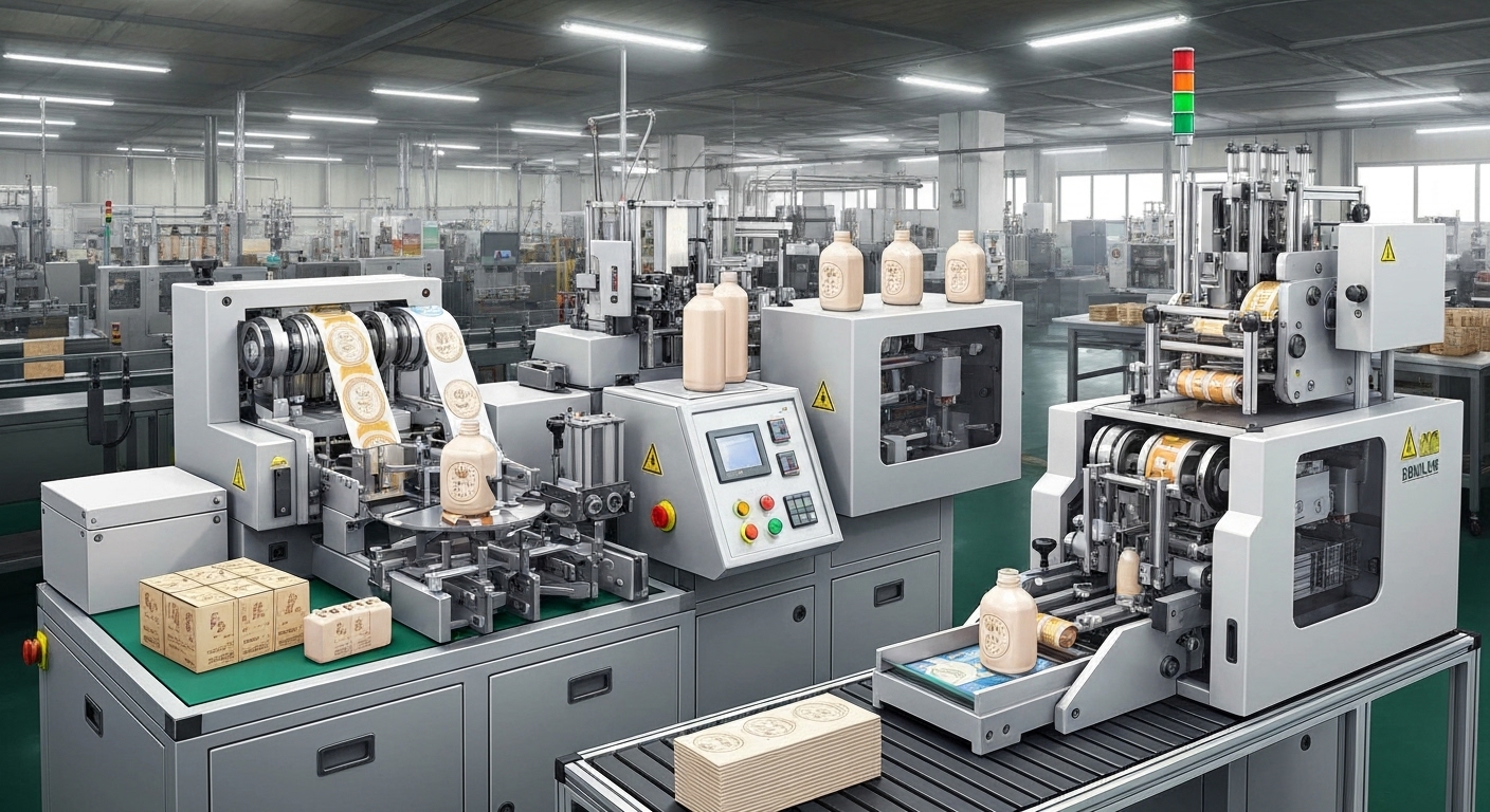 한국 공장 환경에서 여러 유형의 라벨부착기와 다양한 제품 형태를 보여주는 장면