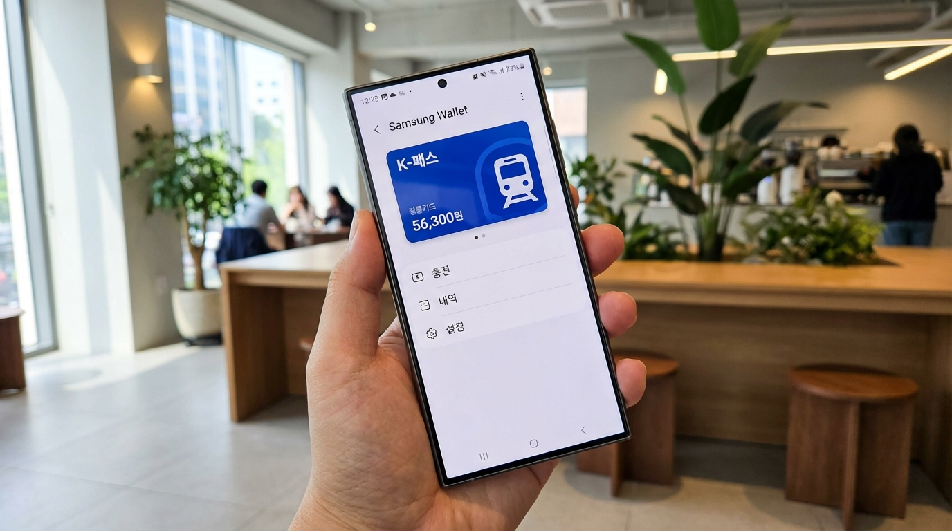 삼성 월렛 앱에서 K-패스 교통카드 등록 화면을 보여주는 스마트폰
