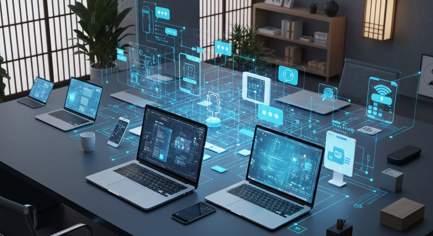 디지털 장치들이 서로 연결되어 API 통신을 상징하는 현대적인 디지털 통신 개념의 이미지