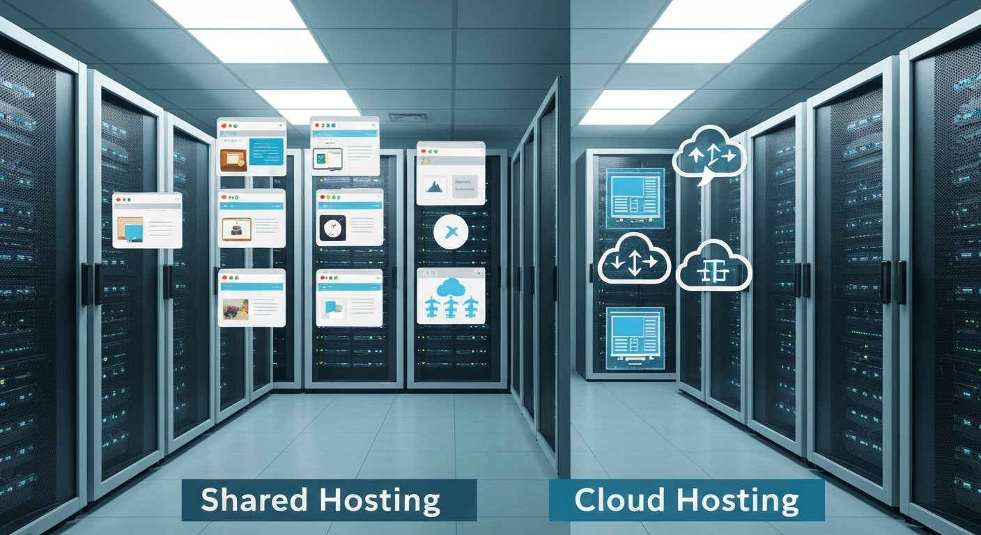 공유 호스팅과 클라우드 호스팅의 차이점을 보여주는 서버실 이미지