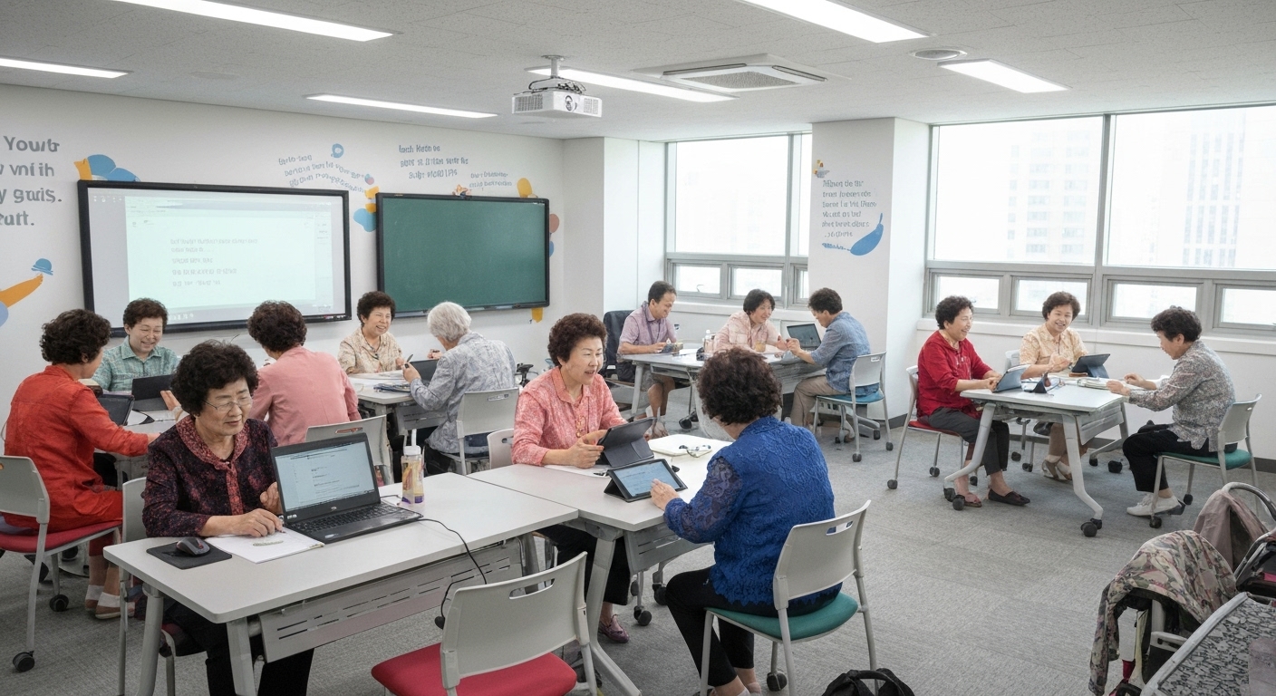 디지털 기술을 배우는 활기찬 한국 중장년층 모습