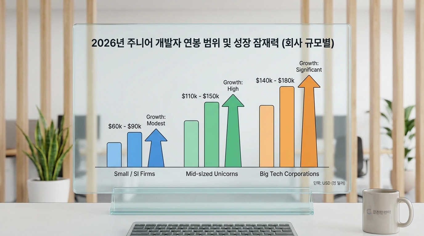 2026년 기업 규모별 신입 개발자 예상 연봉 범위 그래프
