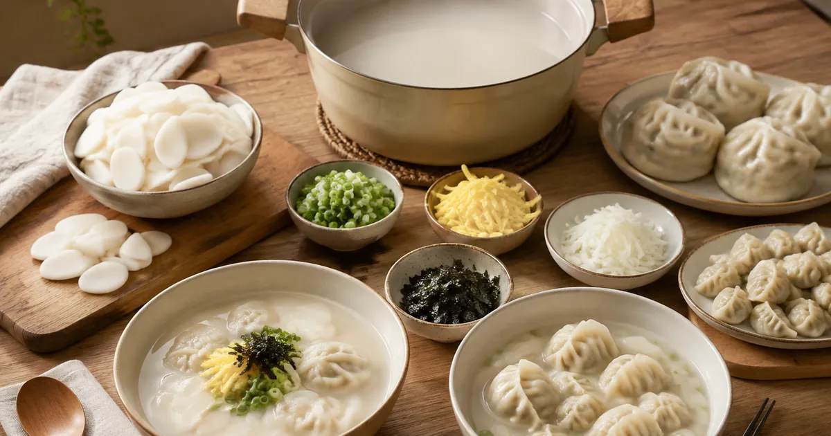 떡국떡과 만두, 사골 육수 재료를 나란히 놓고 떡만둣국과 만둣국 차이를 보여 주는 조리 준비 장면