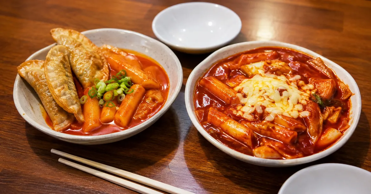 신전떡볶이와 엽기떡볶이 느낌의 매운 떡볶이를 나란히 비교한 점심 상차림