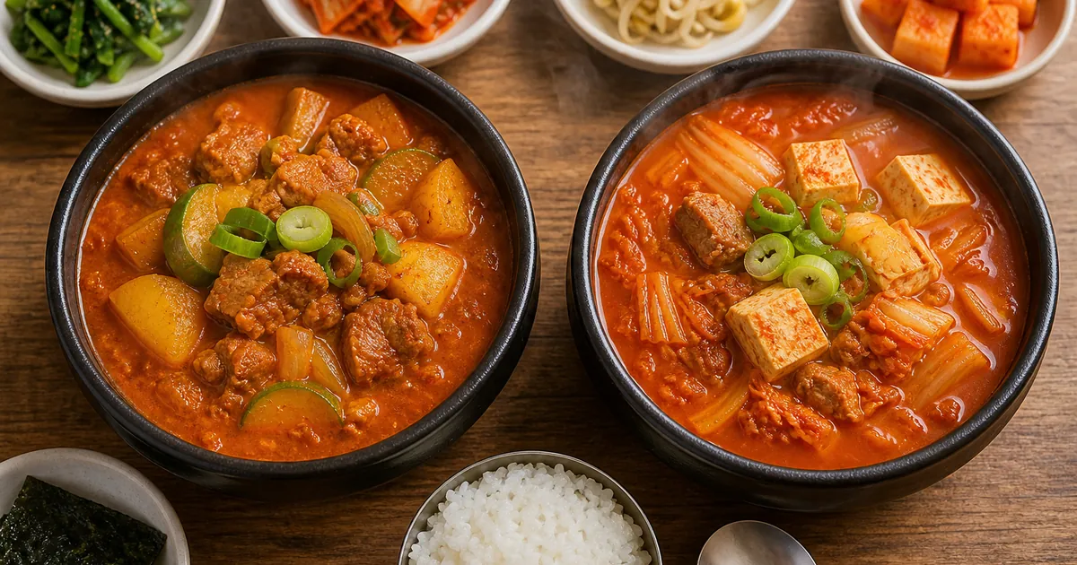 고추장찌개와 김치찌개를 한 상에 놓고 고추장 국물과 김치 국물의 색과 재료 차이를 비교한 한식 점심 상차림