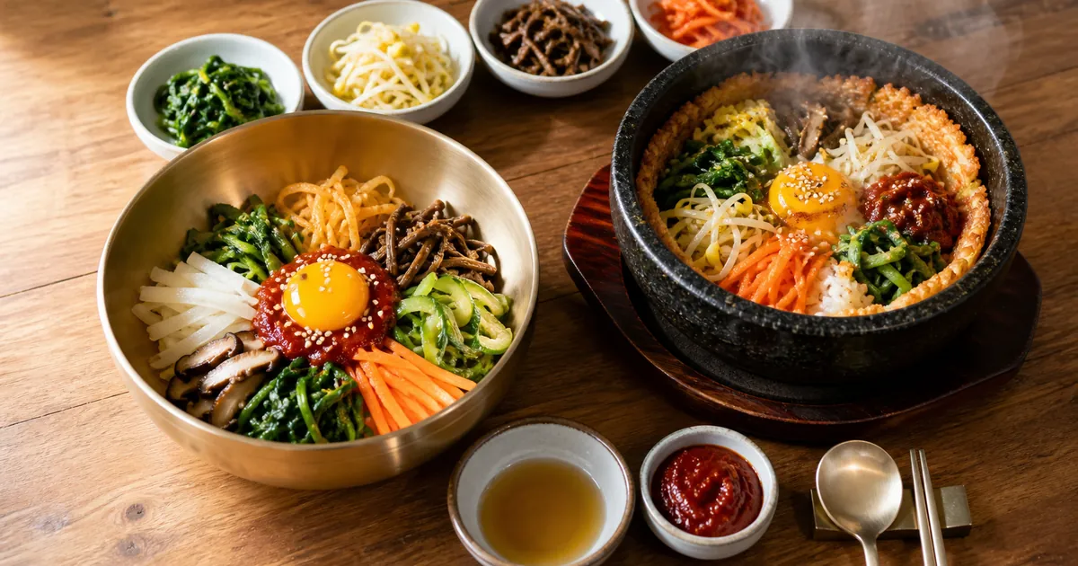 전주비빔밥 재료와 돌솥비빔밥 누룽지 식감을 비교한 한식 점심 상차림