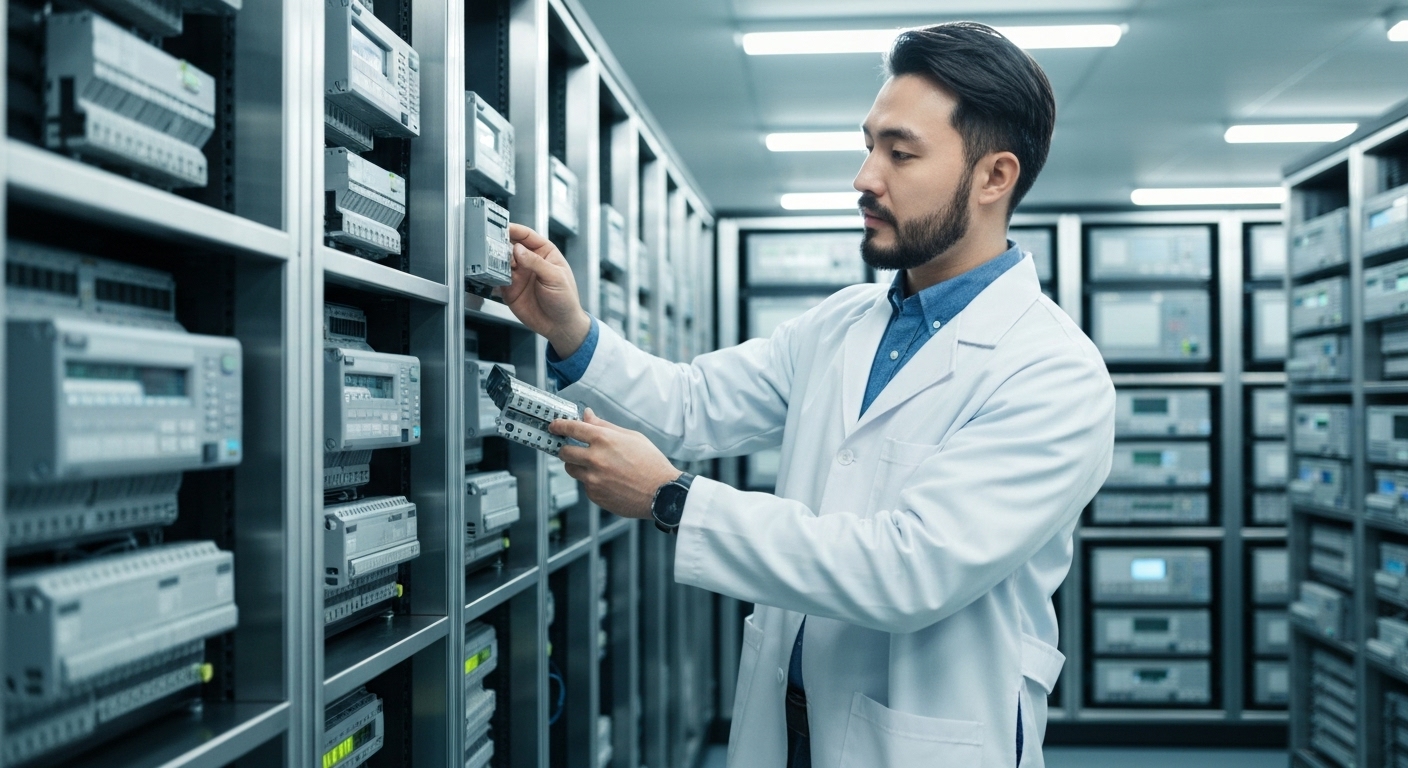 한국 엔지니어가 산업 제어실에서 다양한 PLC 모델 중 하나를 선택하는 모습
