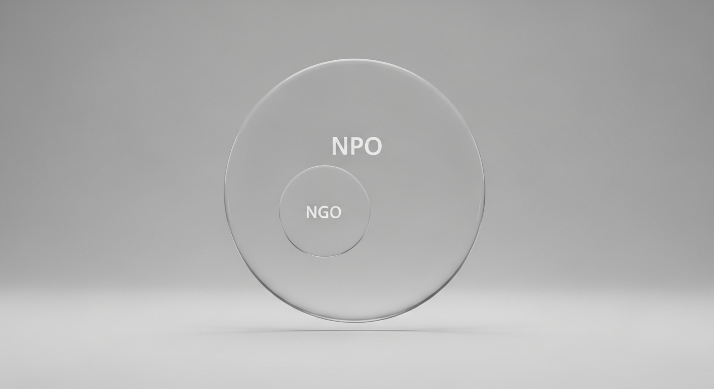 NPO라는 큰 원 안에 NGO라는 작은 원이 포함된 개념을 시각적으로 표현한 이미지