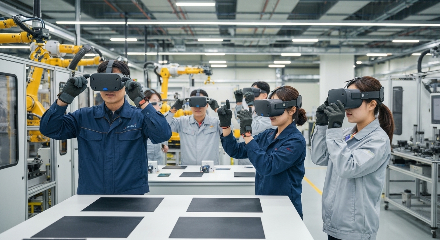 스마트팩토리 인력 재교육 및 직무 전환을 위해 교육받는 한국 직원들