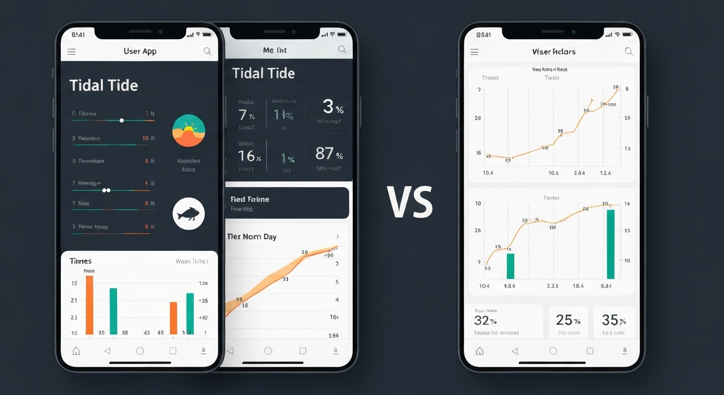 대표 낚시 물때 앱들의 사용자 인터페이스 비교 화면
