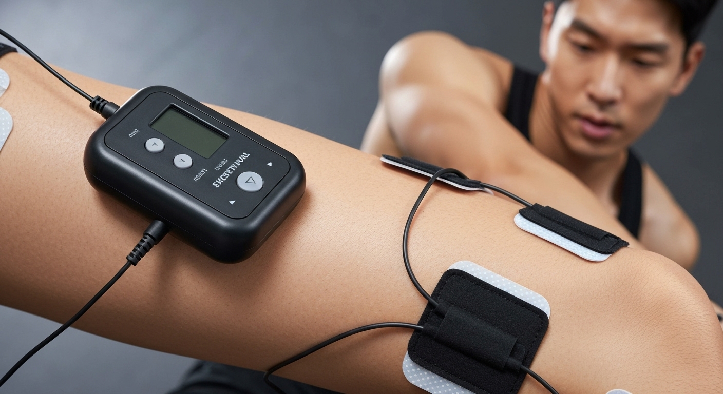 한국인의 다리에 부착된 최신 전기 근육 자극기기와 근육 자극 모습