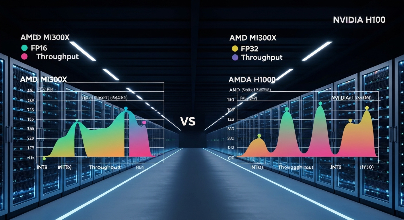 AMD MI300X와 NVIDIA H100의 부동소수점 및 정수 연산 성능 비교 인포그래픽