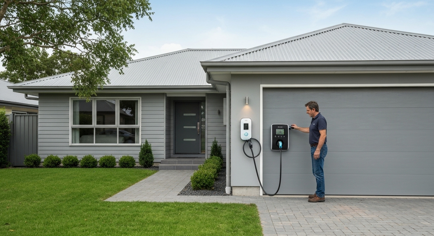 단독주택에 설치된 전기차 완속 충전기와 설치 확인하는 모습