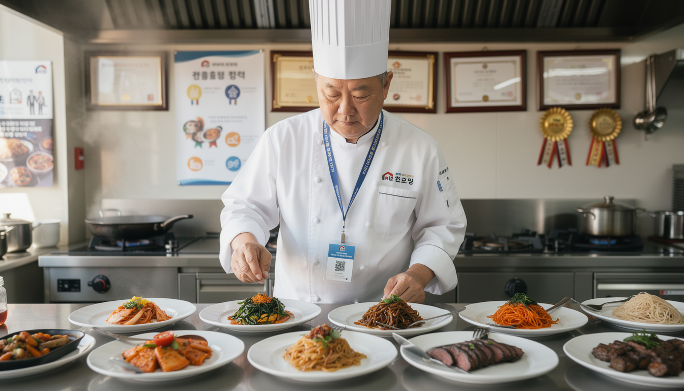 한국 시니어 한식조리기능사가 전문 주방에서 한식을 요리하는 모습