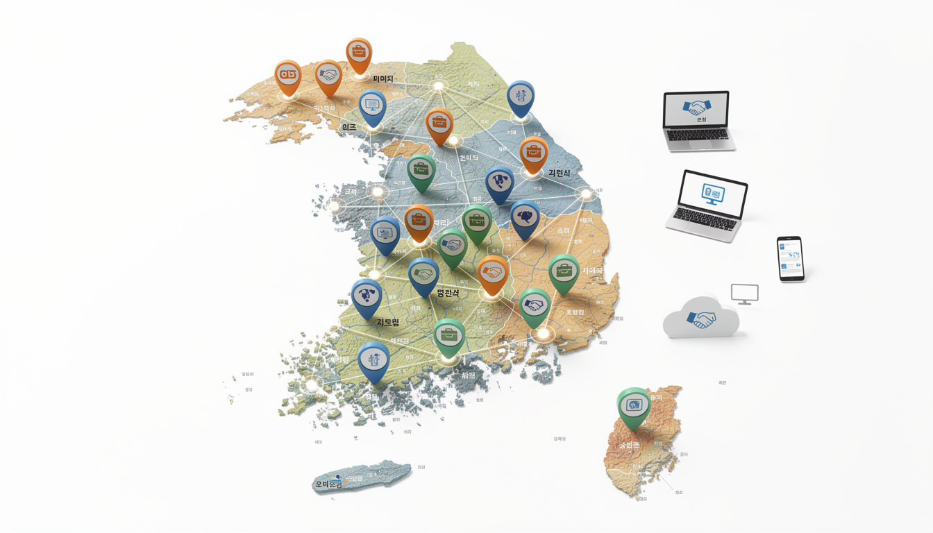 대한민국 지도에 시니어 취업 지원 센터와 온라인 플랫폼 위치를 표시한 모습