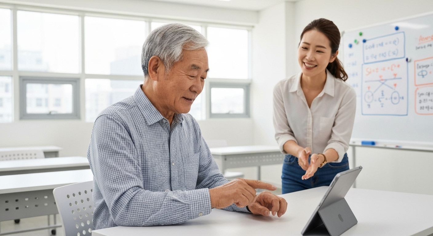 현대식 교실에서 최신 태블릿으로 디지털 역량 강화를 배우는 한국 시니어 남성