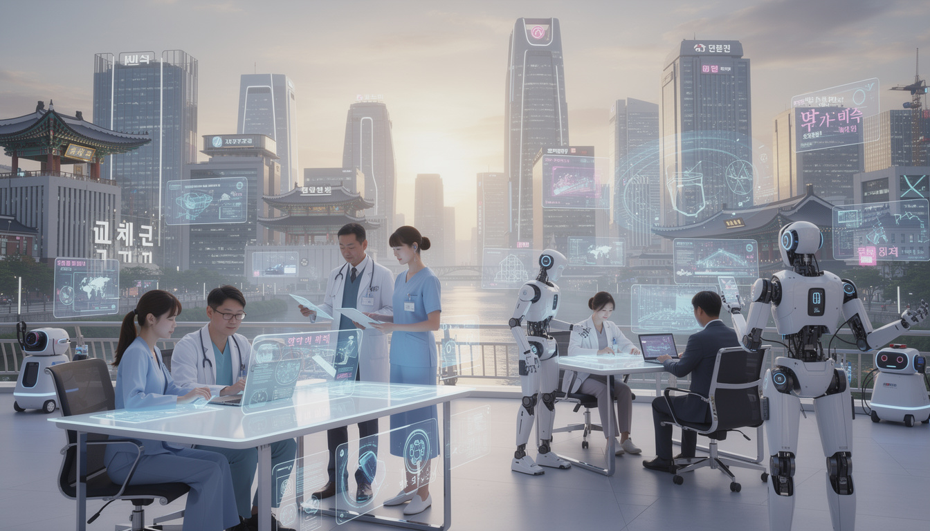 한국 도시 배경에서 인간과 AI가 협력해 증강 지능을 구현하는 장면
