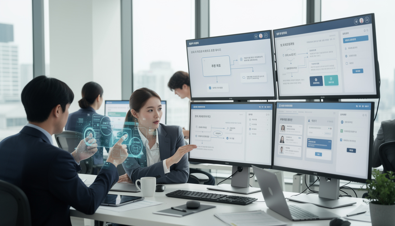 한국의 AI 업무 자동화 및 추천 기능으로 효율적으로 업무를 관리하는 장면