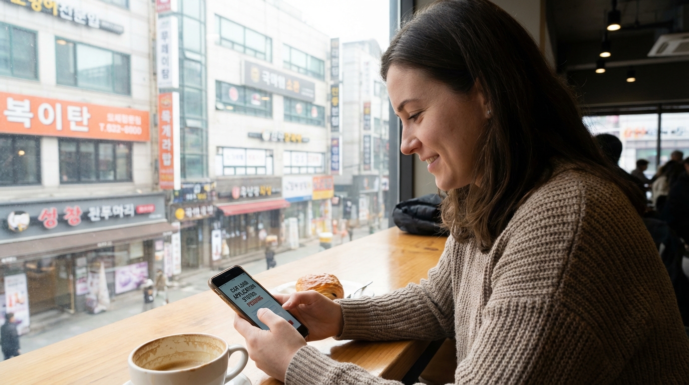주말에 자동차 대출 신청을 모바일로 확인하는 모습과 한국의 도시 배경
