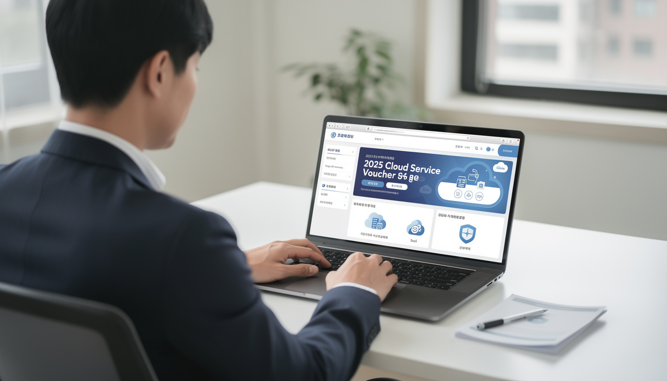 한국 소상공인이 2025년 클라우드 서비스 바우처 혜택을 제공하는 정부 지원 포털을 노트북으로 확인하는 모습