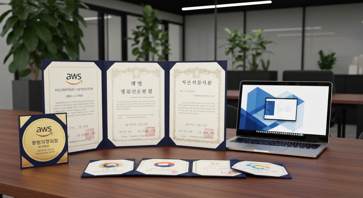 국내외 빅데이터 자격증이 책상 위에 정리되어 있는 모습
