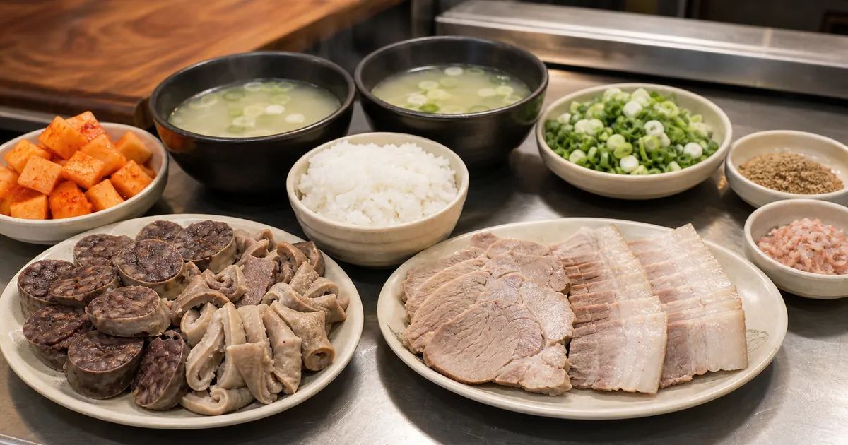 순대와 돼지고기 수육 재료를 나누어 놓고 순대국밥과 돼지국밥의 구성 차이를 보여주는 조리대 장면