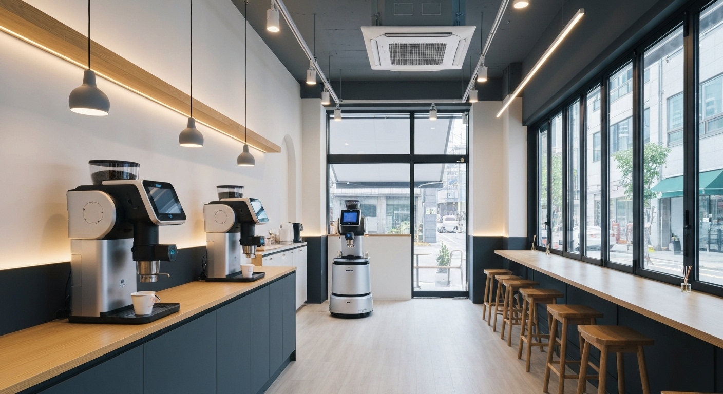 인공지능과 자동화 시스템이 도입된 한국의 소형 무인 카페 내부