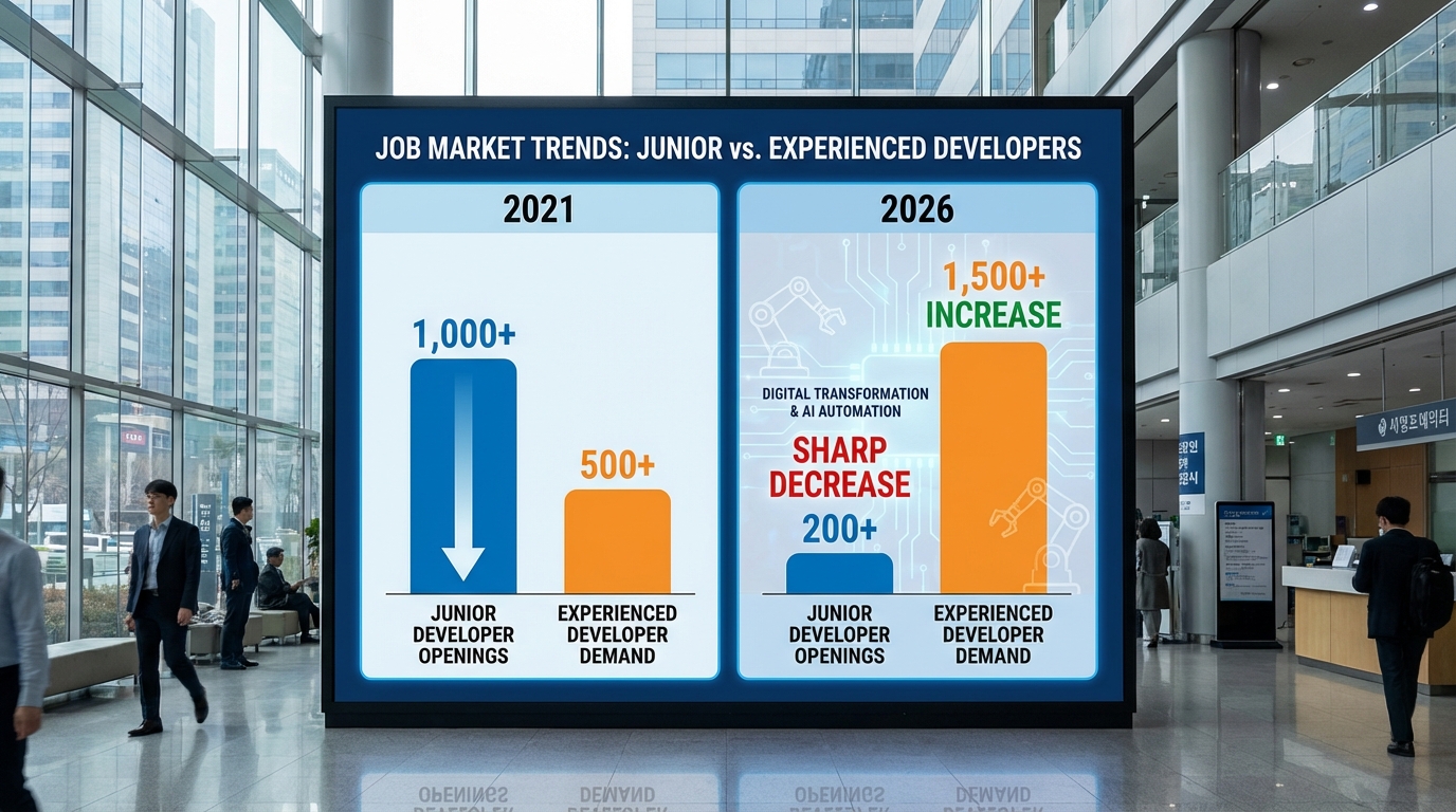 2021년과 2026년 신입 및 경력 개발자 채용 시장 변화를 보여주는 인포그래픽