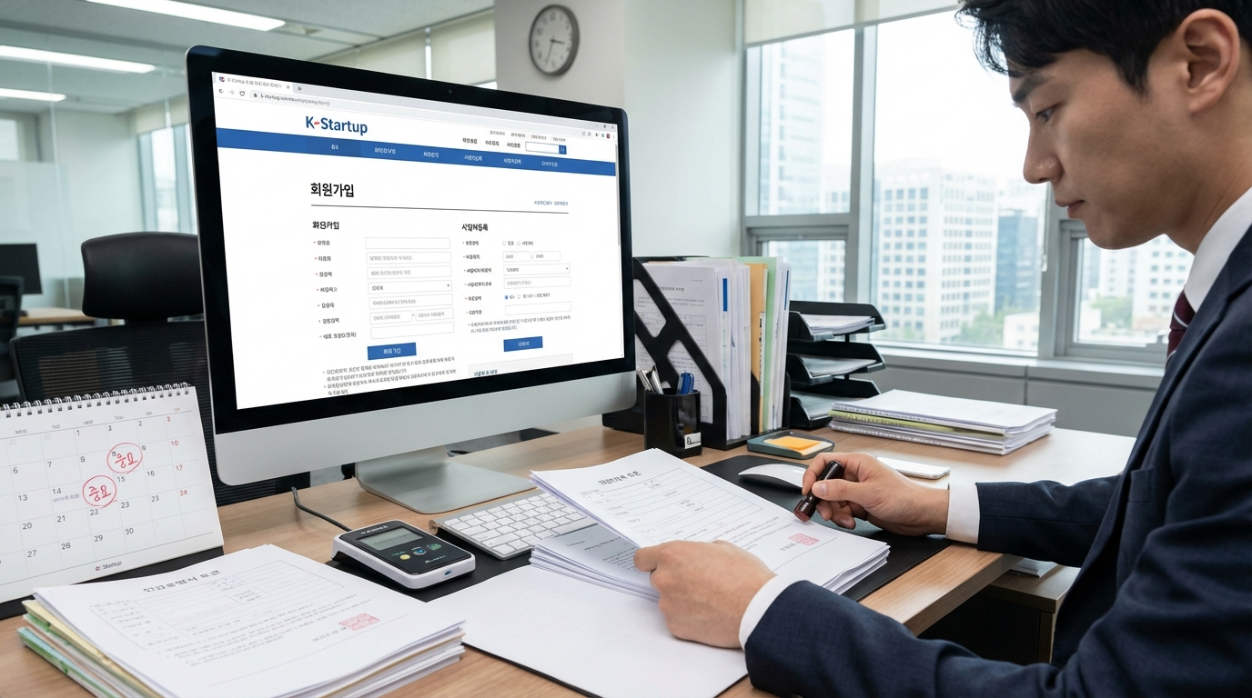 K-Startup 회원가입 및 기업등록 절차를 수행하는 한국 사업가 모습