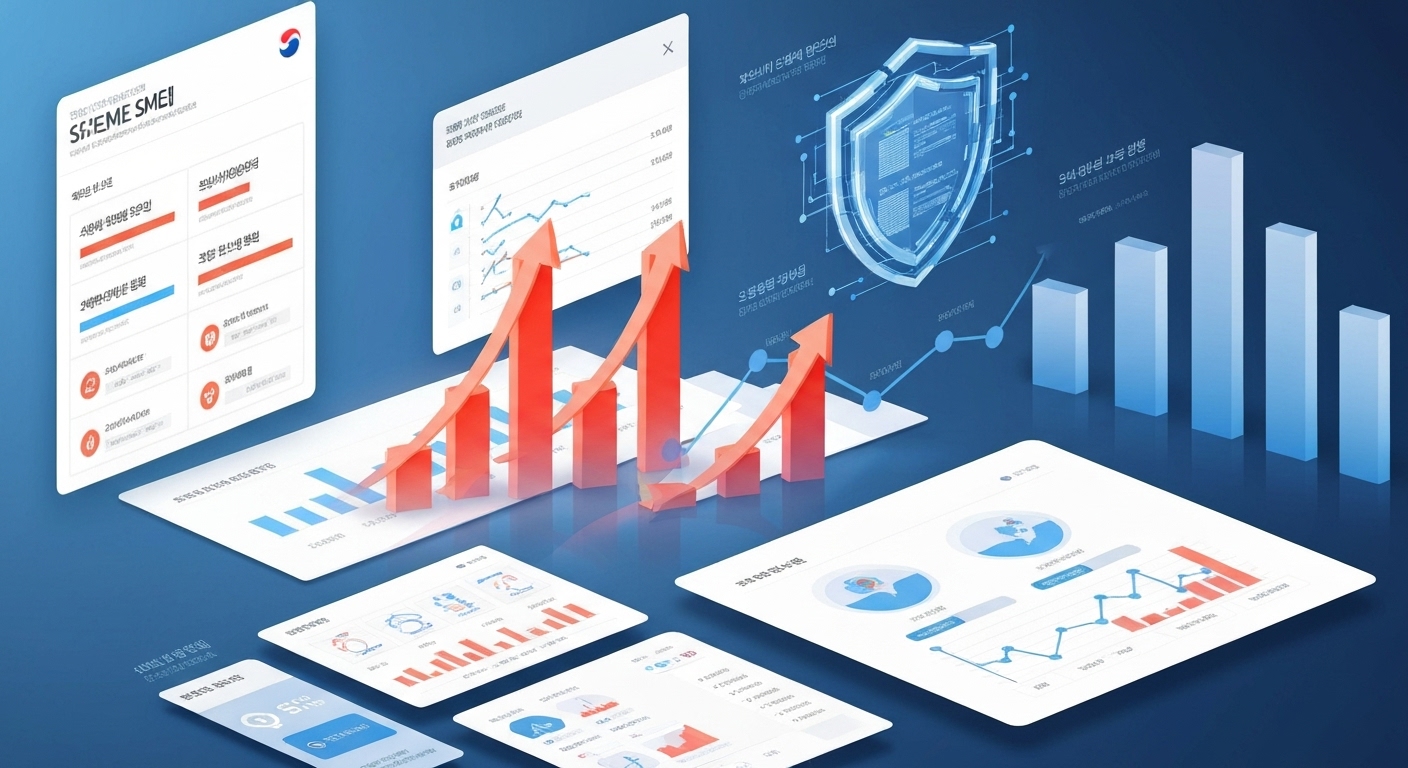 디지털 전환을 통한 성장과 경쟁력 강화를 상징하는 한국 중소기업의 비즈니스 성장 차트와 투명한 경영 지표