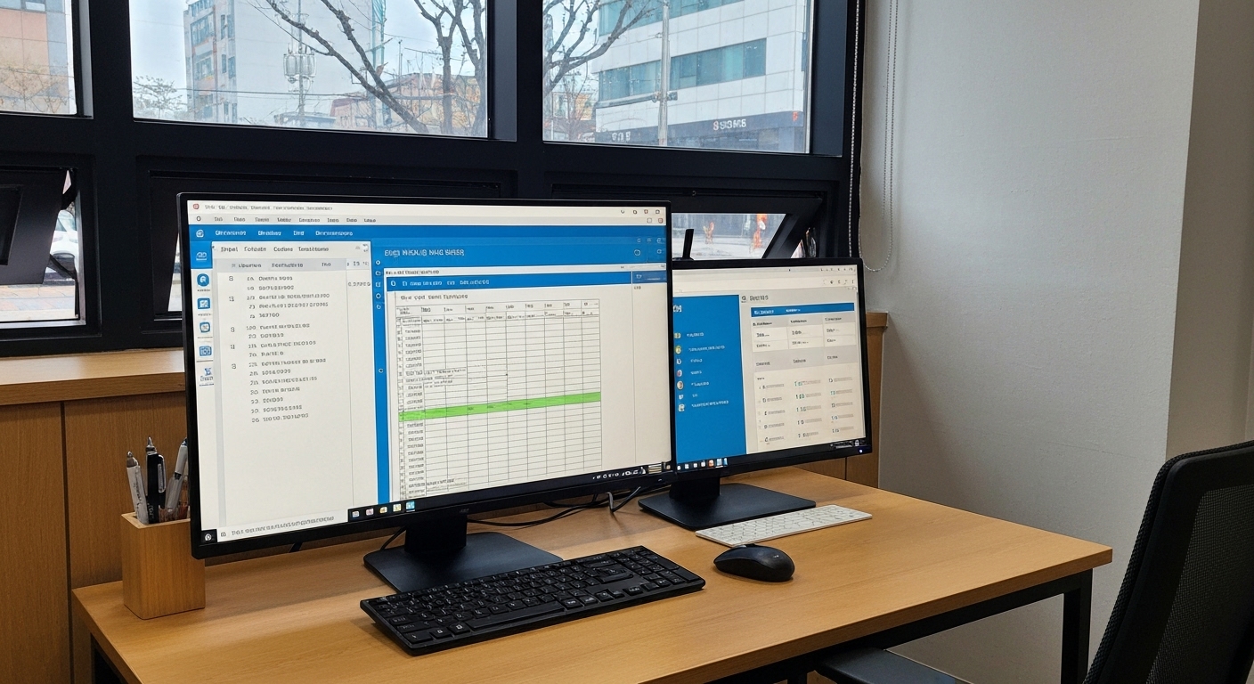 엑셀 파일 여러 개와 통합 ERP 대시보드가 함께 있는 사무실 풍경