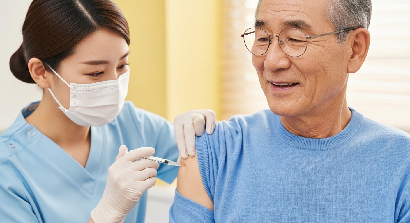 의사에게 독감 예방 주사를 맞으며 편안하게 미소 짓는 65세 이상 남성 어르신
