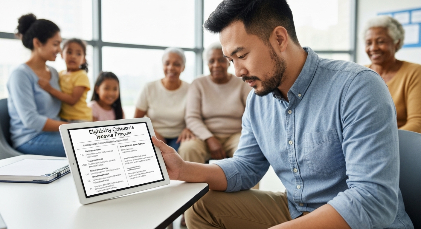 한 사람이 농식품바우처 자격 요건이 적힌 서류나 태블릿을 꼼꼼히 확인하는 모습
