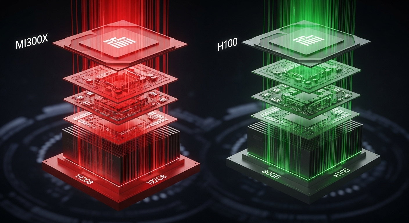 MI300X의 192GB HBM3 메모리와 H100의 80GB 메모리를 시각적으로 비교한 이미지