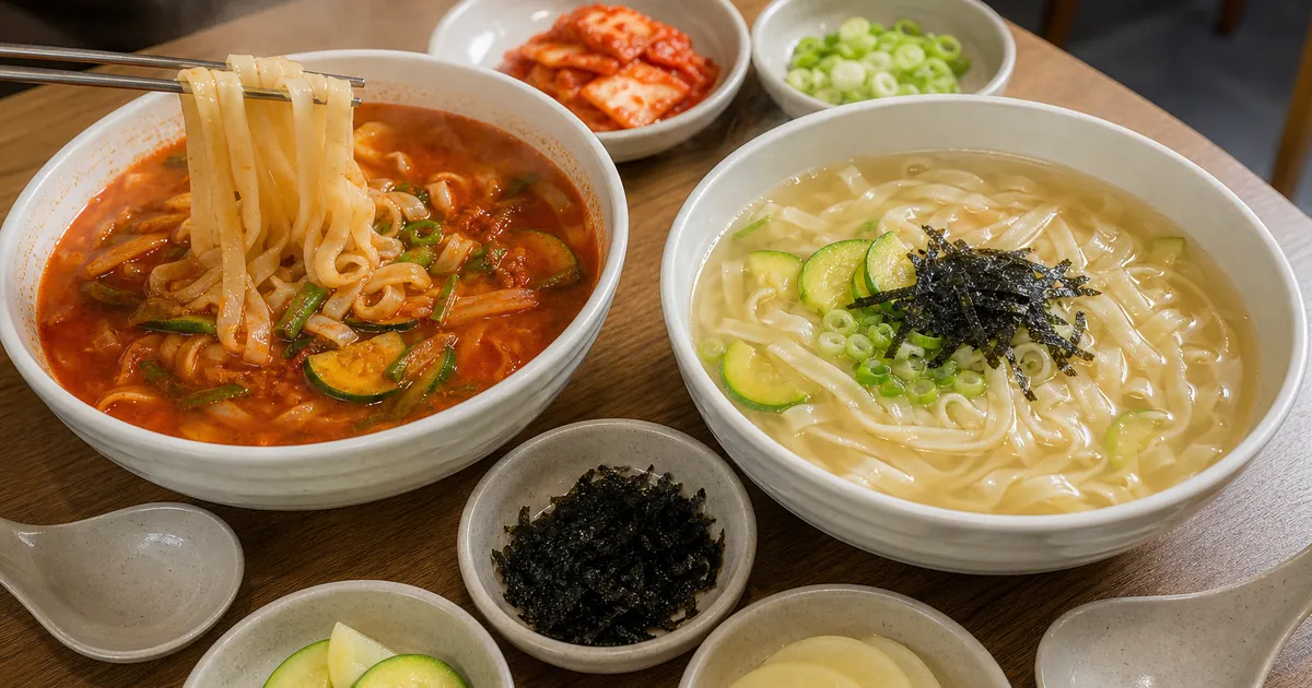 장칼국수와 담백한 칼국수를 같은 점심상에 놓고 국물색과 손칼국수 면발 차이를 비교한 한식 상차림