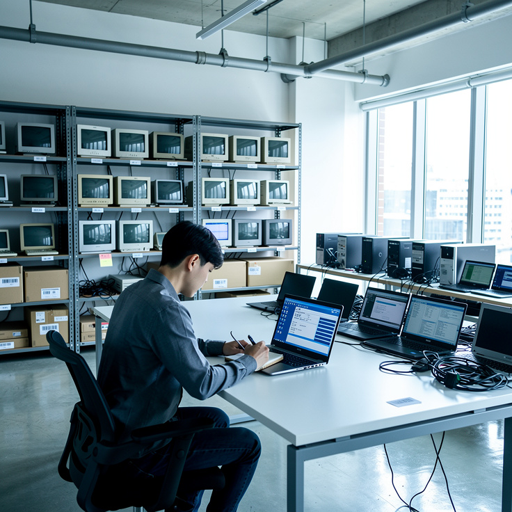 사무실 창고에 쌓여 있는 중고 PC와 시스템 정보를 확인하는 모습
