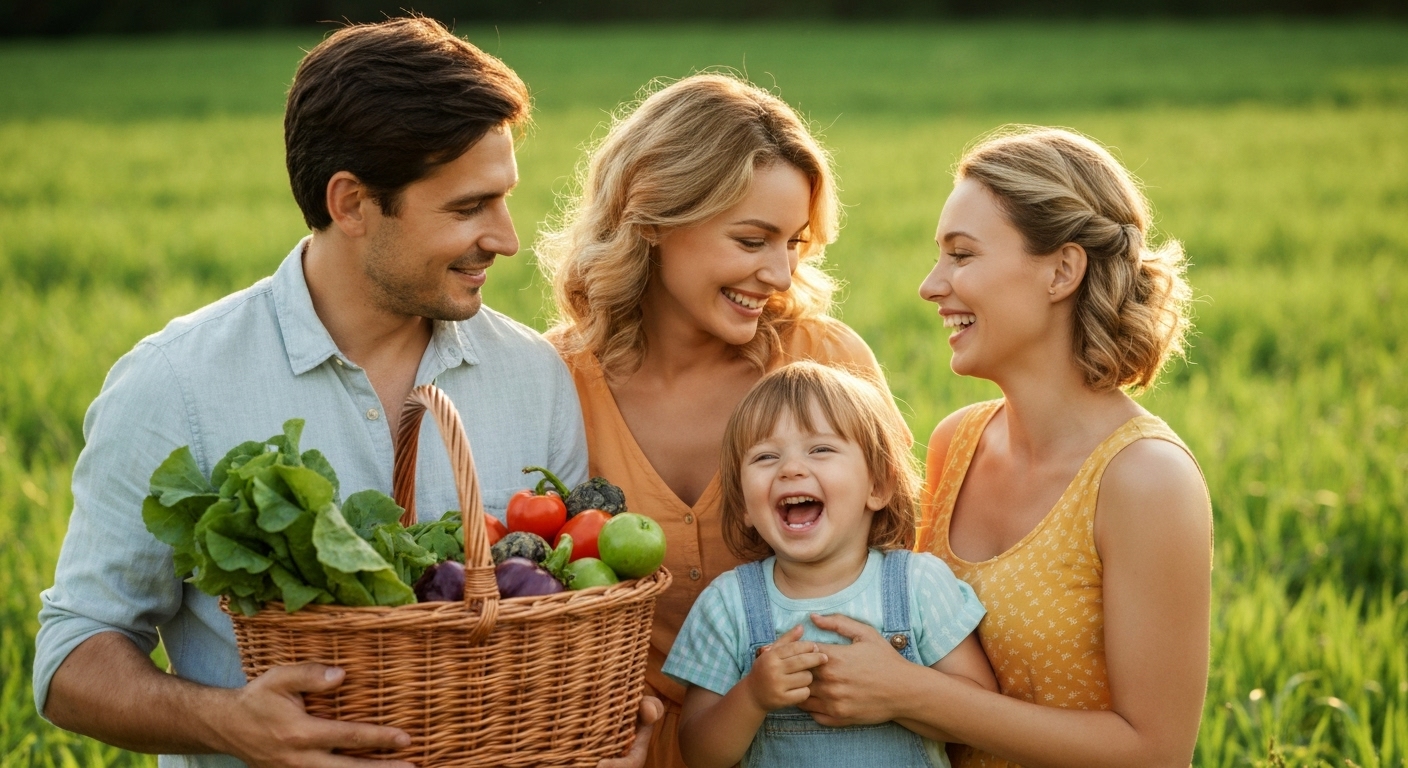 성공적으로 귀농하여 자신들의 밭에서 수확한 작물을 들고 행복하게 웃고 있는 젊은 부부와 아이