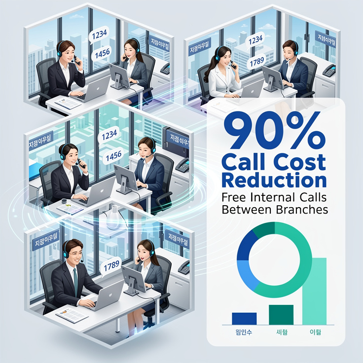 한국 프랜차이즈 본사와 지점들이 인터넷 전화로 무료 내선통화를 하는 모습