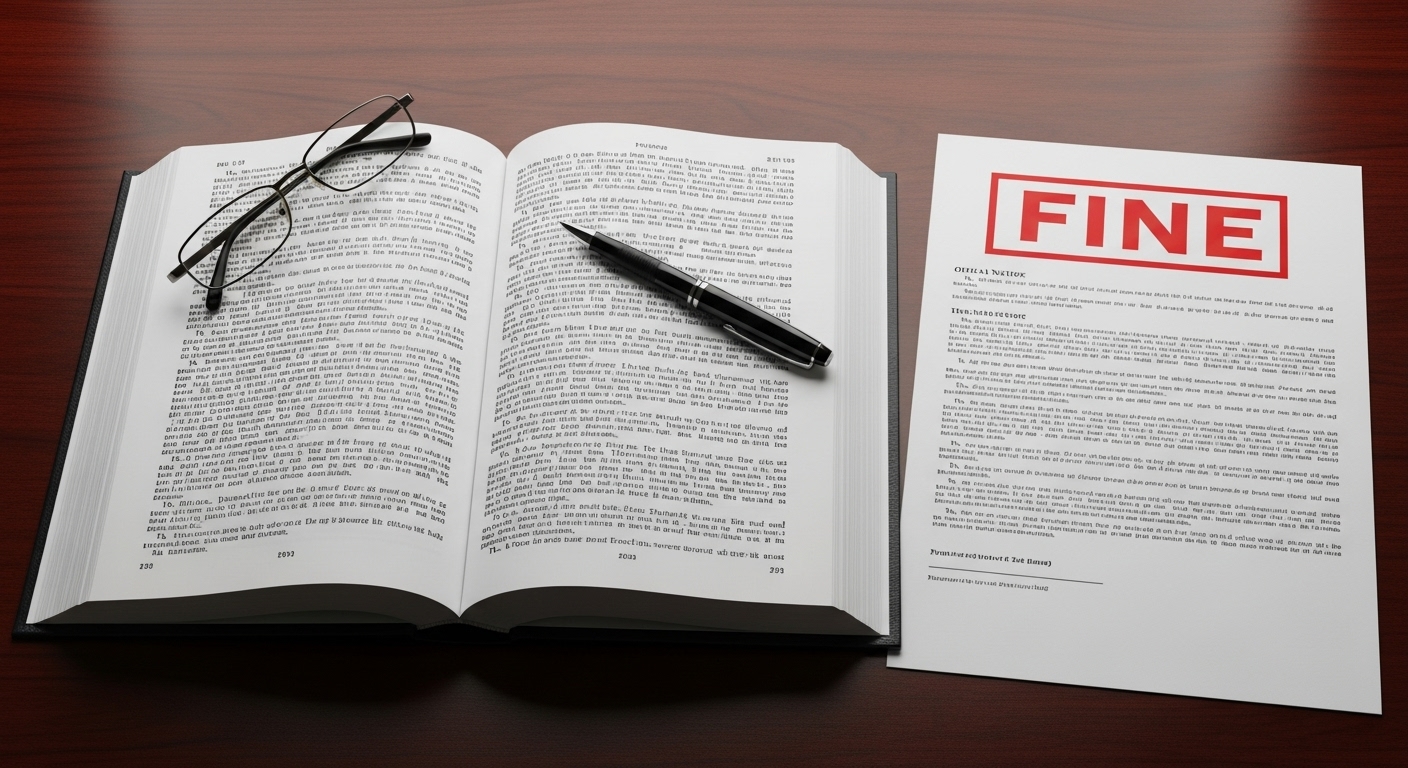 법전과 과태료 도장이 찍힌 서류가 놓여있어 법적 의무를 상징하는 이미지