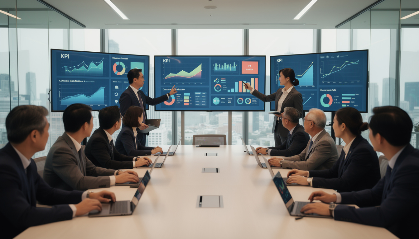 KPI 설정과 데이터 기반 의사결정 문화를 나타내는 회의 장면