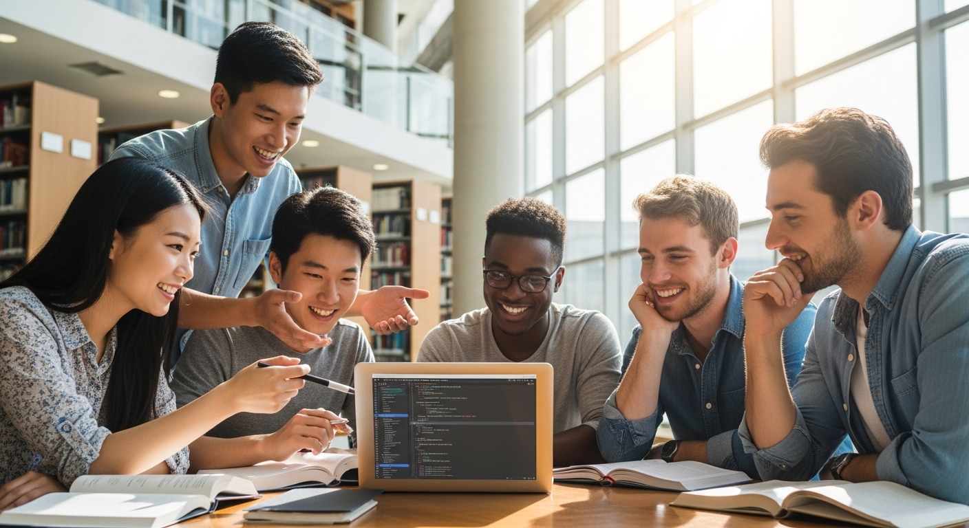 노트북 주위에 모여 협업하는 학생 개발자들