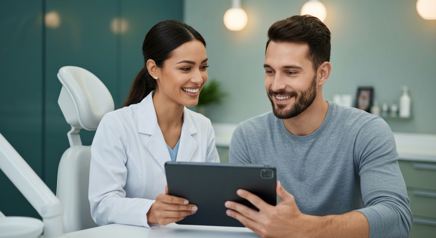 치과 의사와 환자가 함께 개인 맞춤형 임플란트 시술 계획을 확인하는 모습