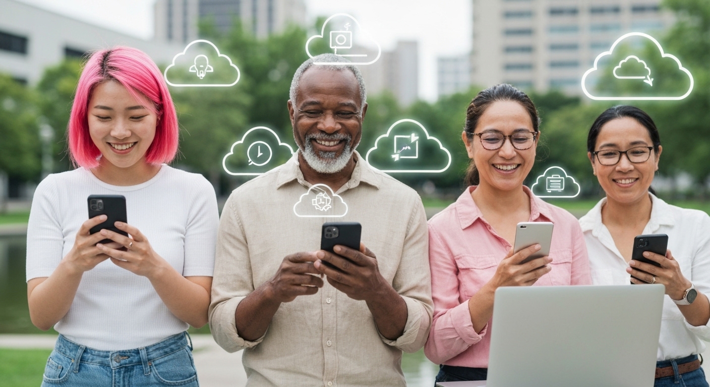 시민들이 스마트폰으로 편리하게 공공 서비스를 이용하는 모습