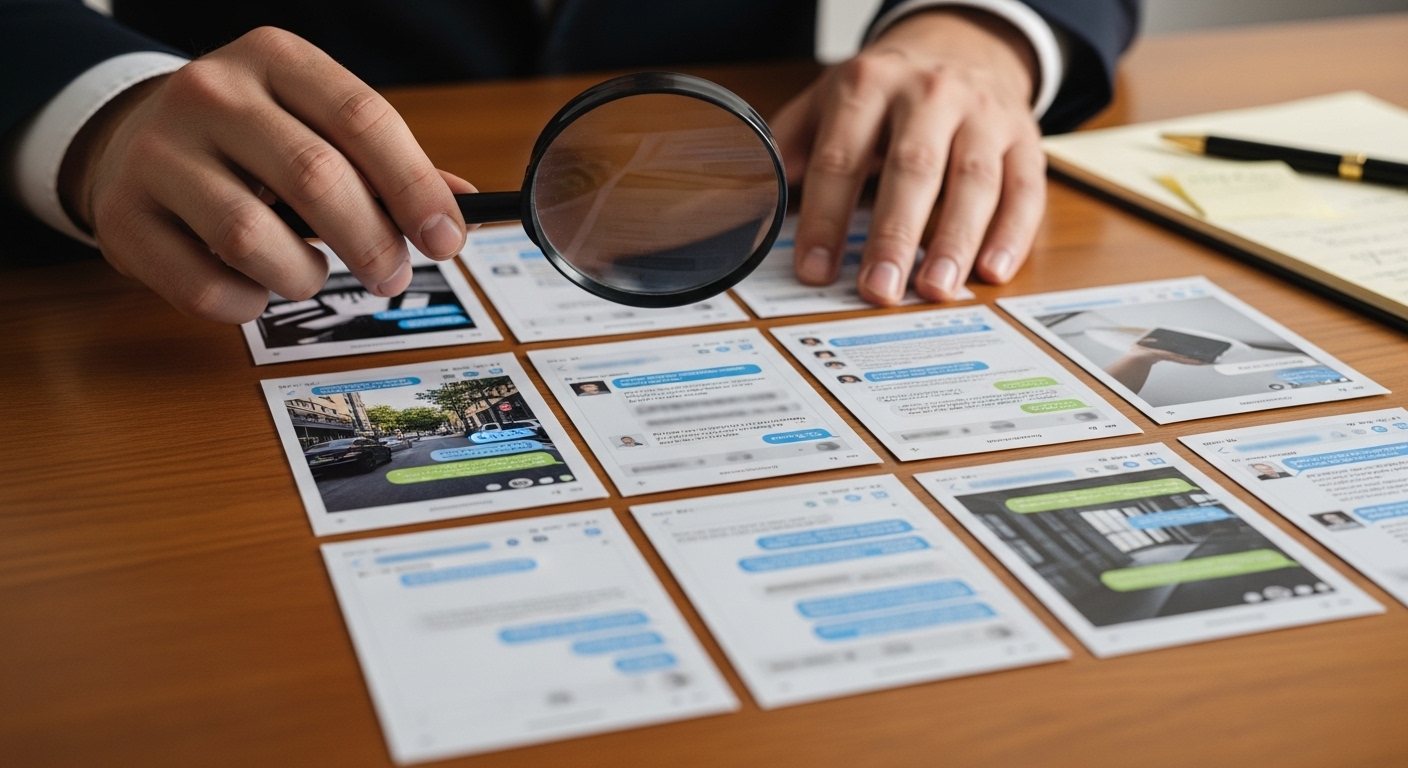 책상 위에서 합법적인 상간자 소송 증거인 스마트폰 메시지와 사진을 신중하게 검토하는 모습